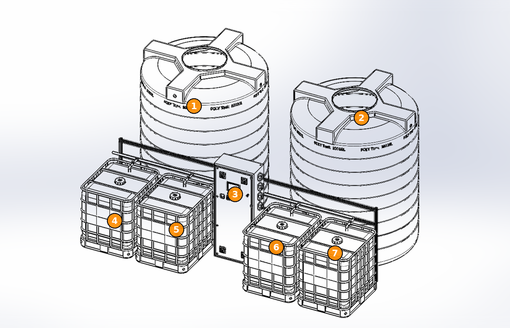 Isometric view of Elemental machine assembly with numbered callouts